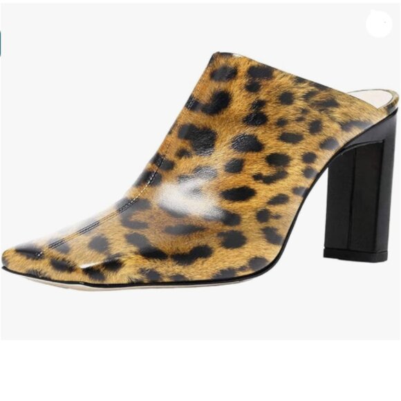 FSJ Women Closed Squared Toe Mules Slip On Chunky Mid High Heels Leopard Shoes - Picture 1 of 8